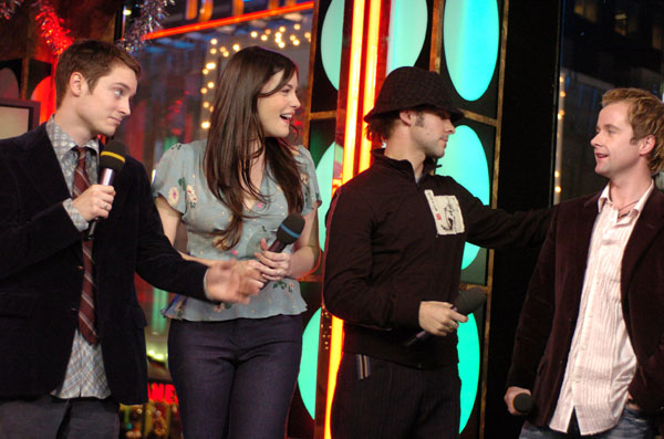 with Elijah Wood, Dominic Monaghan and Billy Boyd - at MTV TRL, December 16th 2003