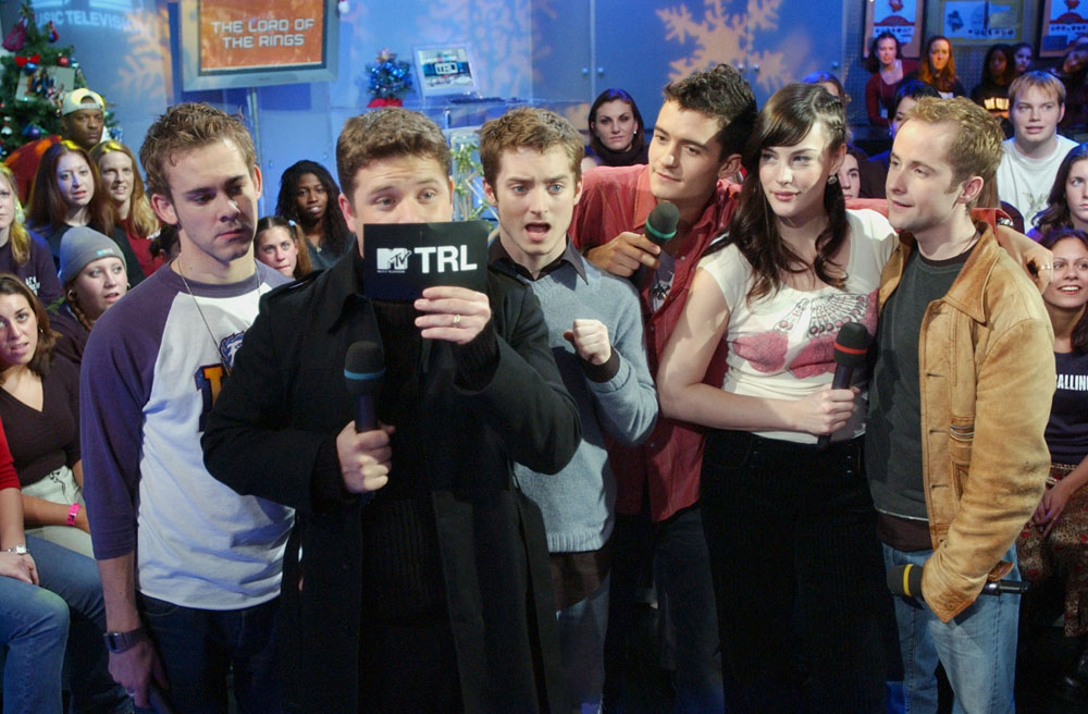 with Dominic Monaghan, Sean Astin, Elijah Wood, Orlando Bloom and Billy Boyd - at MTV TRL